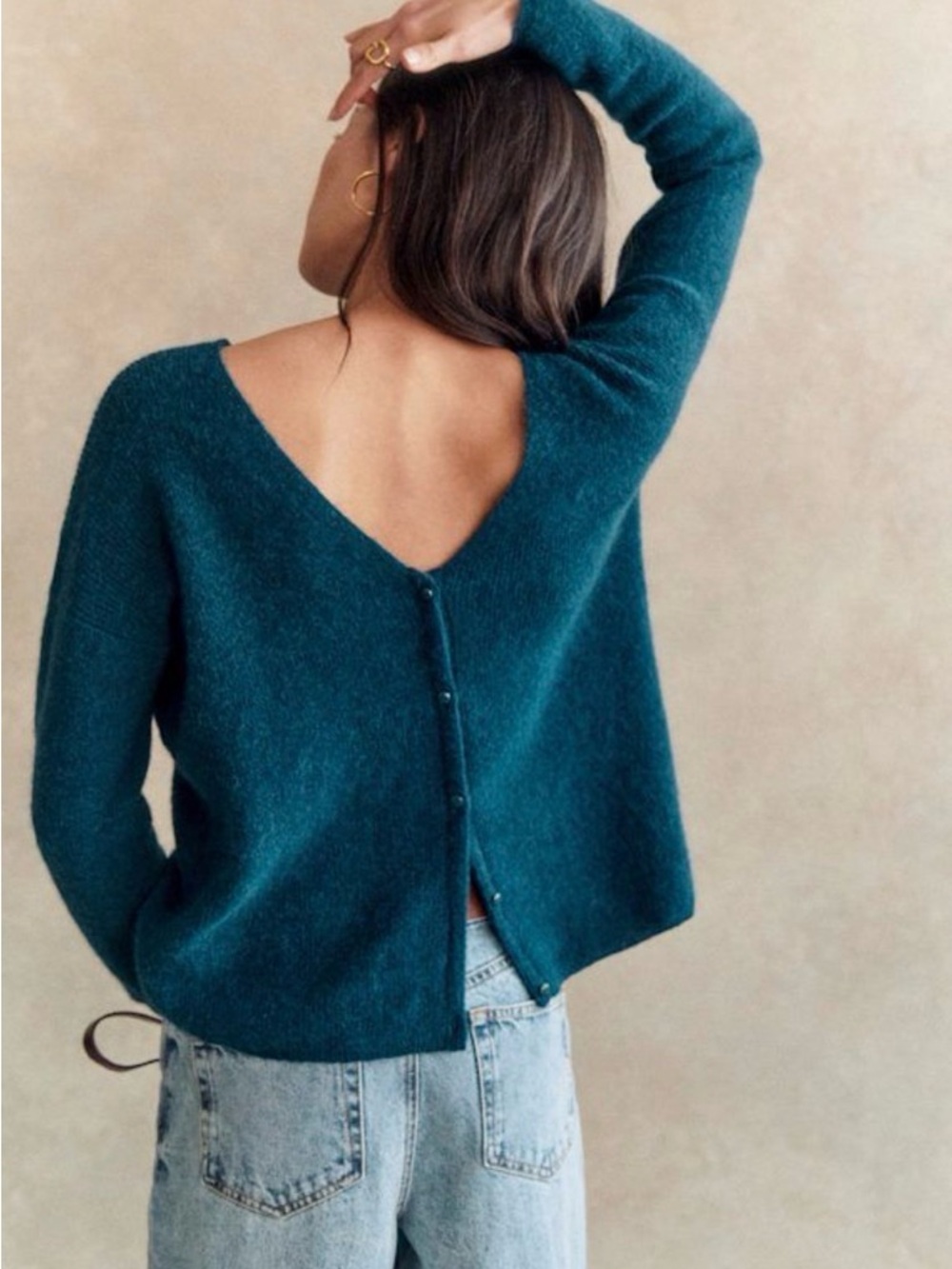 Sezane Barry Teal Button-Front Mohair-Blend Sweater